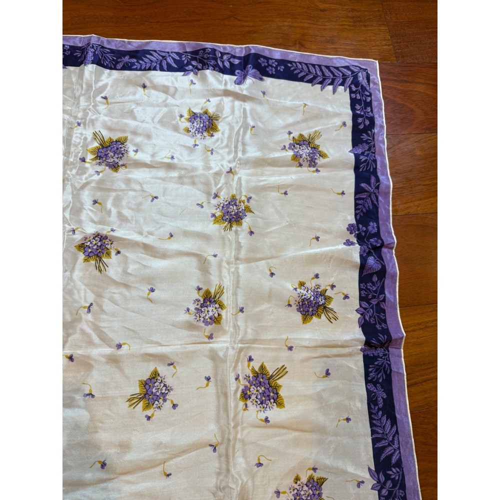 Jo Copeland Floral Bouquet Scarf Coquette 1960s | Purple Cream | 35" Square - Picture 3 of 10